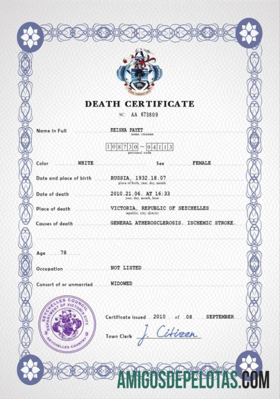 Para baixar modelo PSD de certidão de óbito de registro vital de Seychelles